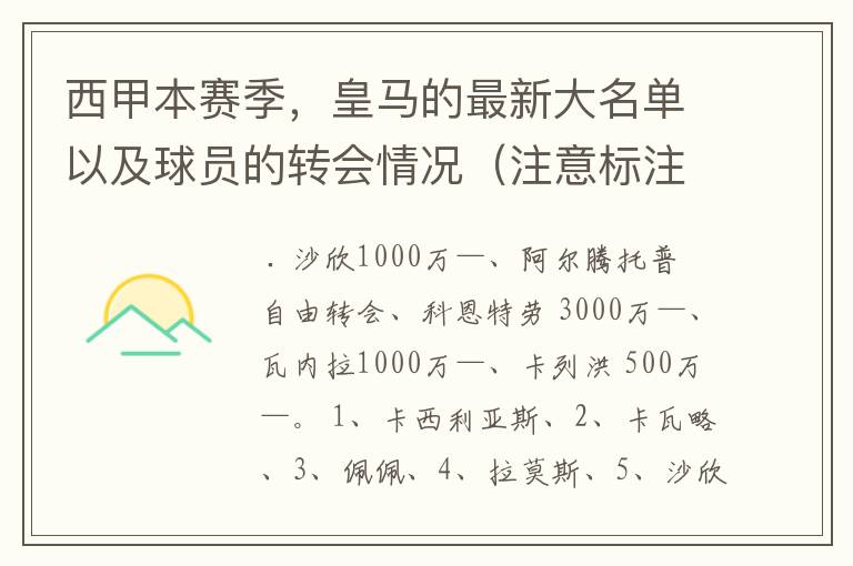 西甲本赛季，皇马的最新大名单以及球员的转会情况（注意标注球员身价）