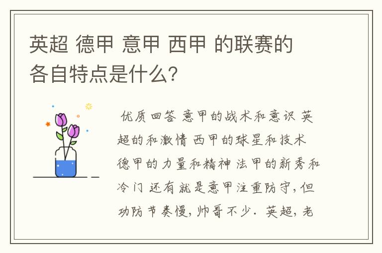 英超 德甲 意甲 西甲 的联赛的各自特点是什么？