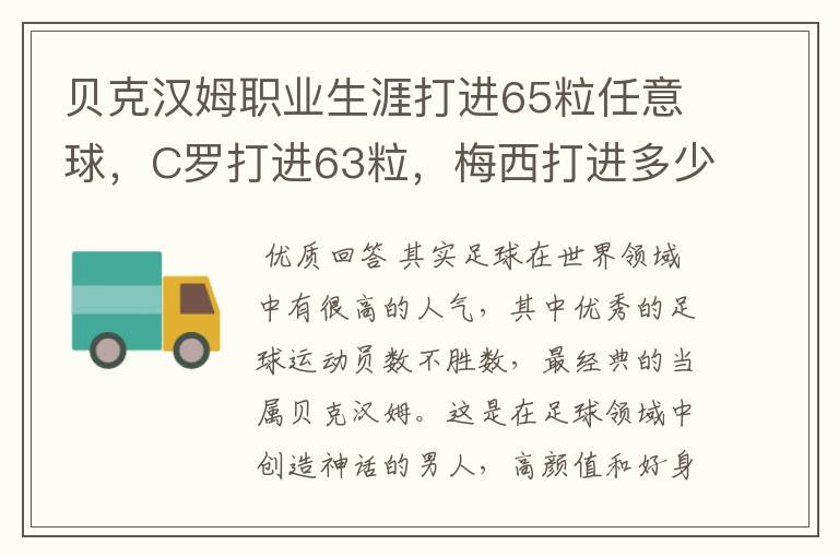 贝克汉姆职业生涯打进65粒任意球，C罗打进63粒，梅西打进多少？