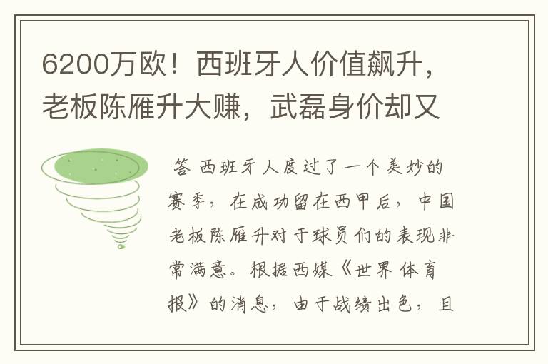 6200万欧！西班牙人价值飙升，老板陈雁升大赚，武磊身价却又缩水