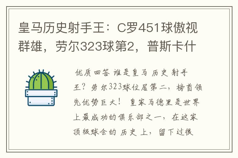 皇马历史射手王：C罗451球傲视群雄，劳尔323球第2，普斯卡什上榜