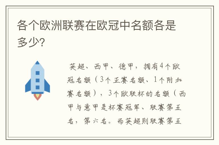 各个欧洲联赛在欧冠中名额各是多少？