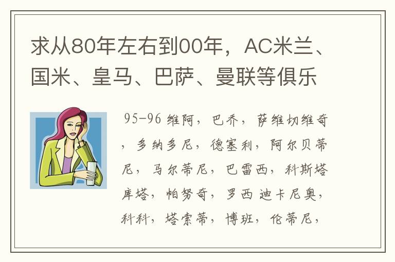 求从80年左右到00年，AC米兰、国米、皇马、巴萨、曼联等俱乐部历年的主力阵容