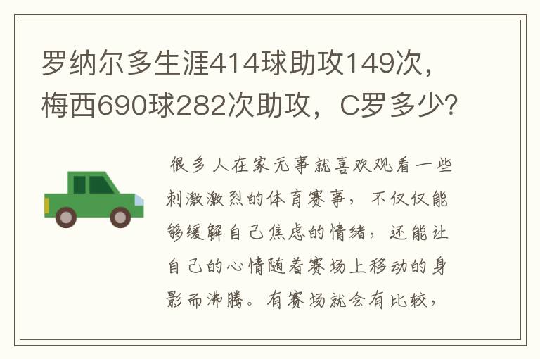 罗纳尔多生涯414球助攻149次，梅西690球282次助攻，C罗多少？