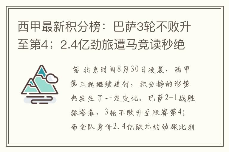 西甲最新积分榜：巴萨3轮不败升至第4；2.4亿劲旅遭马竞读秒绝平