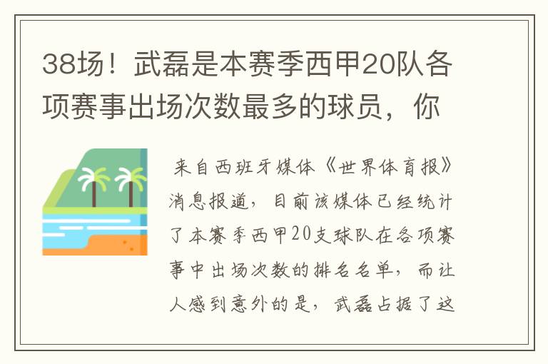 38场！武磊是本赛季西甲20队各项赛事出场次数最多的球员，你怎么看？