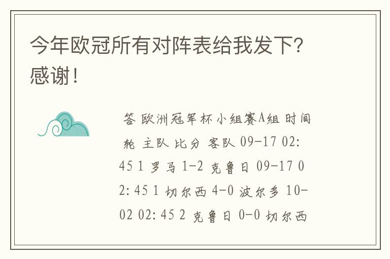 今年欧冠所有对阵表给我发下？感谢！