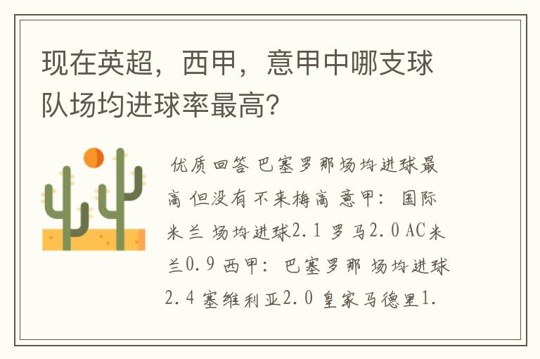 现在英超，西甲，意甲中哪支球队场均进球率最高？