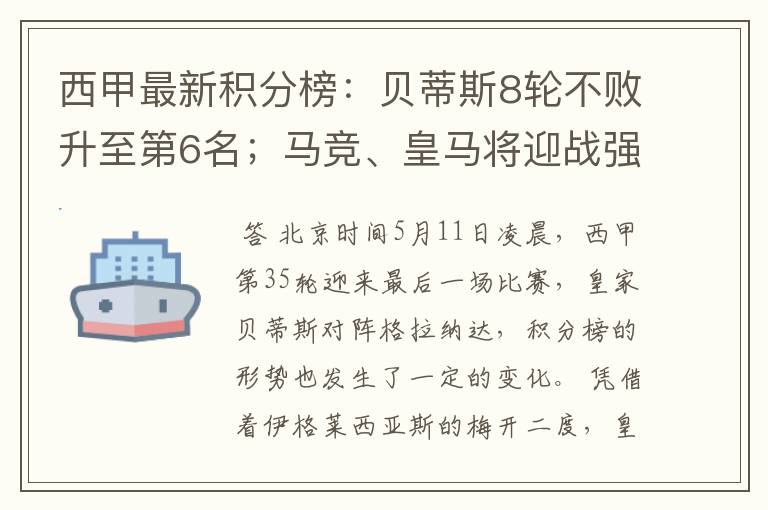 西甲最新积分榜：贝蒂斯8轮不败升至第6名；马竞、皇马将迎战强敌