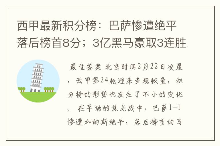 西甲最新积分榜：巴萨惨遭绝平落后榜首8分；3亿黑马豪取3连胜