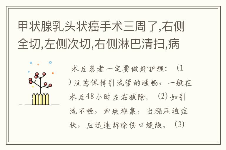 甲状腺乳头状癌手术三周了,右侧全切,左侧次切,右侧淋巴清扫,病理没转移,