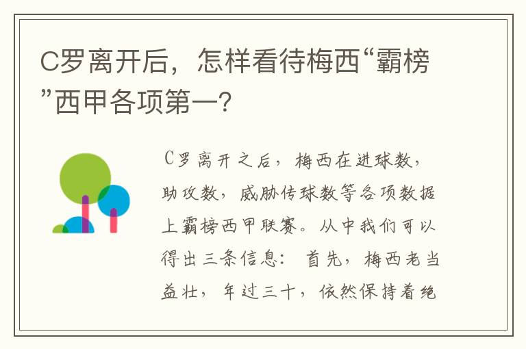 C罗离开后，怎样看待梅西“霸榜”西甲各项第一？