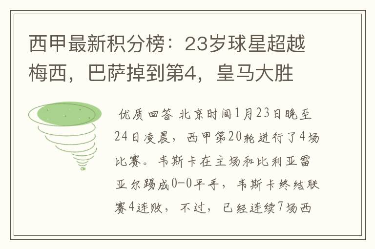 西甲最新积分榜：23岁球星超越梅西，巴萨掉到第4，皇马大胜