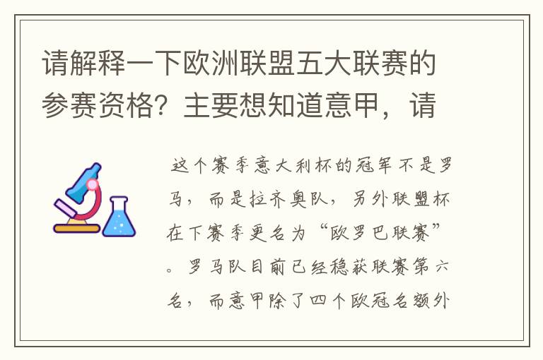 请解释一下欧洲联盟五大联赛的参赛资格？主要想知道意甲，请看问题补说明。