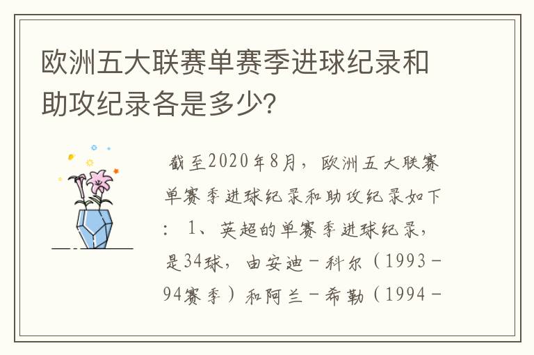 欧洲五大联赛单赛季进球纪录和助攻纪录各是多少？