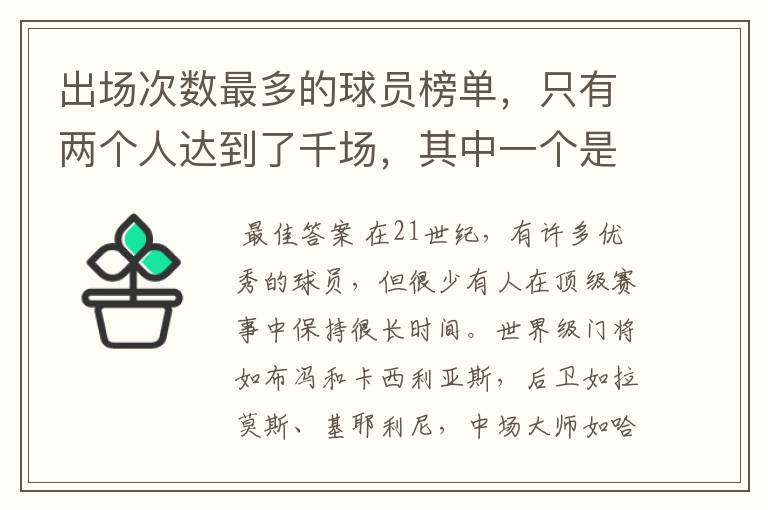 出场次数最多的球员榜单，只有两个人达到了千场，其中一个是C罗