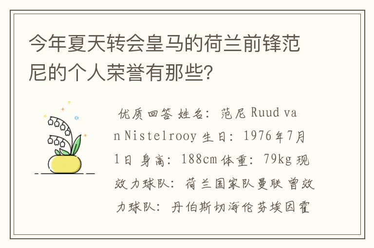 今年夏天转会皇马的荷兰前锋范尼的个人荣誉有那些？