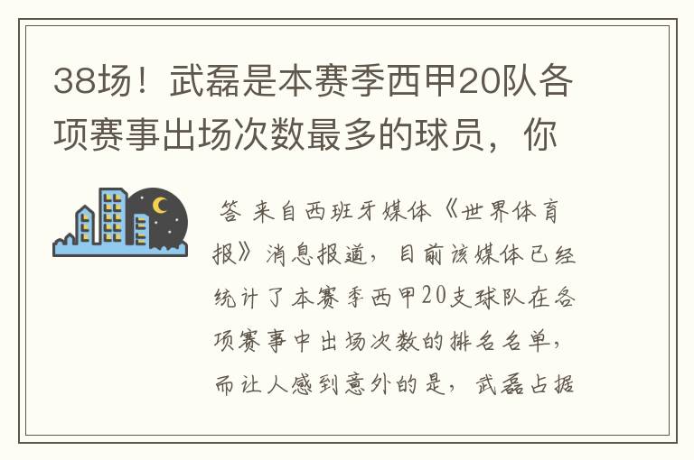 38场！武磊是本赛季西甲20队各项赛事出场次数最多的球员，你怎么看？