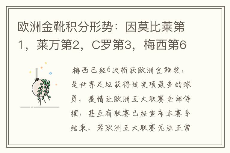 欧洲金靴积分形势：因莫比莱第1，莱万第2，C罗第3，梅西第6