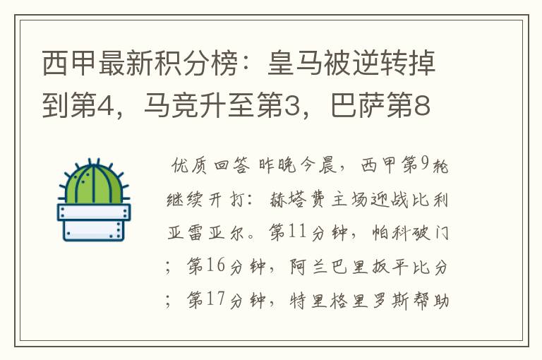 西甲最新积分榜：皇马被逆转掉到第4，马竞升至第3，巴萨第8