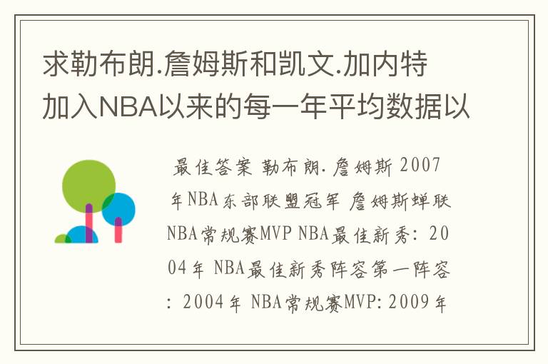 求勒布朗.詹姆斯和凯文.加内特加入NBA以来的每一年平均数据以及一些得奖(MVP等等)