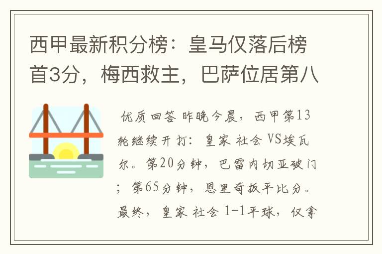 西甲最新积分榜：皇马仅落后榜首3分，梅西救主，巴萨位居第八