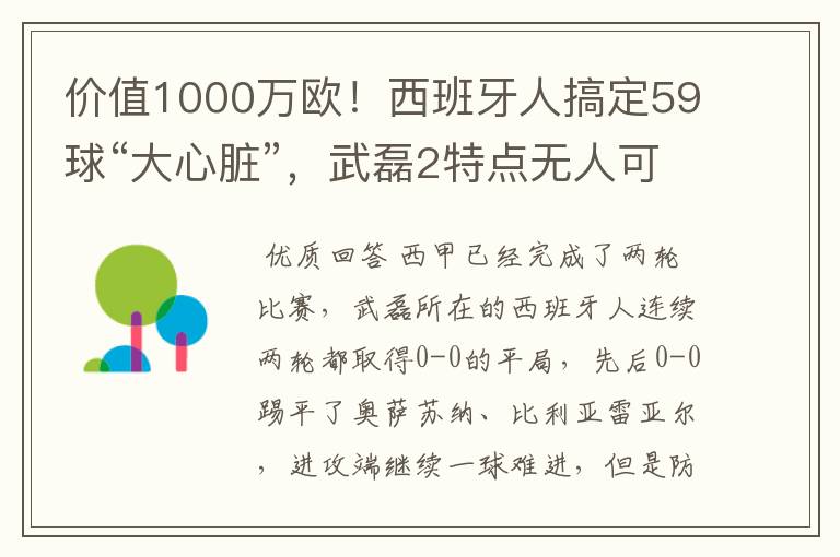 价值1000万欧！西班牙人搞定59球“大心脏”，武磊2特点无人可替