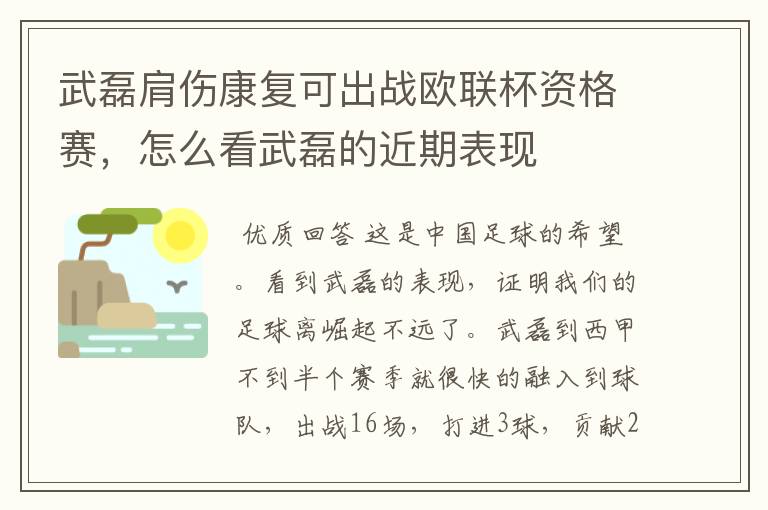 武磊肩伤康复可出战欧联杯资格赛，怎么看武磊的近期表现