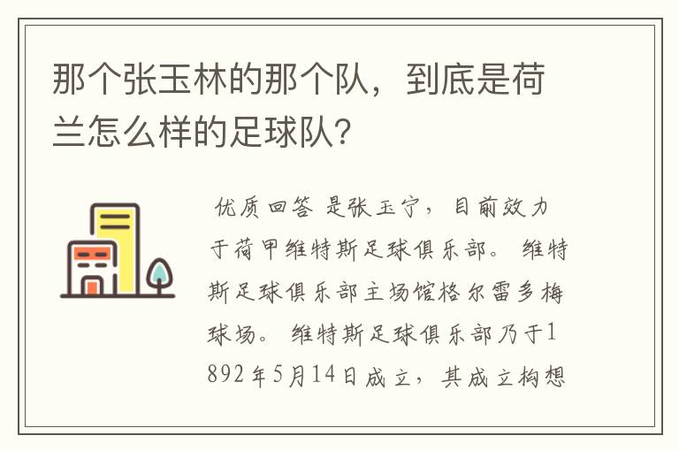 那个张玉林的那个队，到底是荷兰怎么样的足球队？