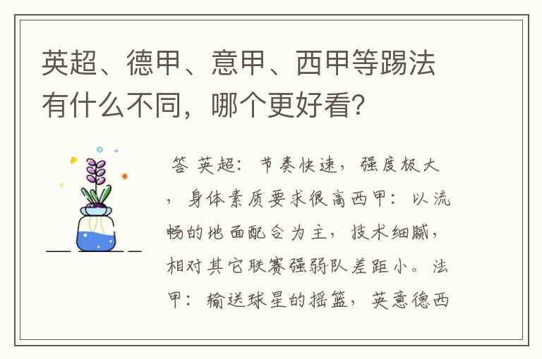 英超、德甲、意甲、西甲等踢法有什么不同，哪个更好看？