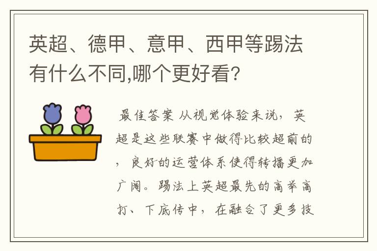 英超、德甲、意甲、西甲等踢法有什么不同,哪个更好看?