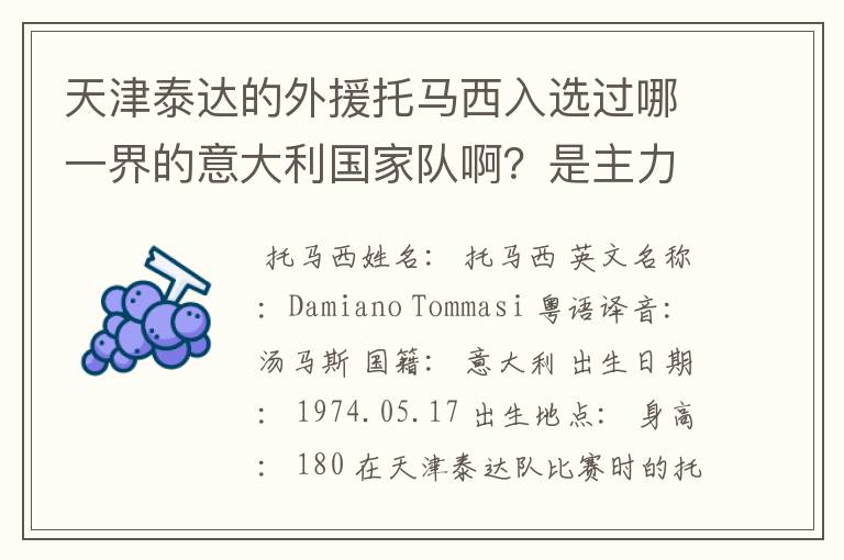 天津泰达的外援托马西入选过哪一界的意大利国家队啊？是主力成员吗？参加过哪些比赛？