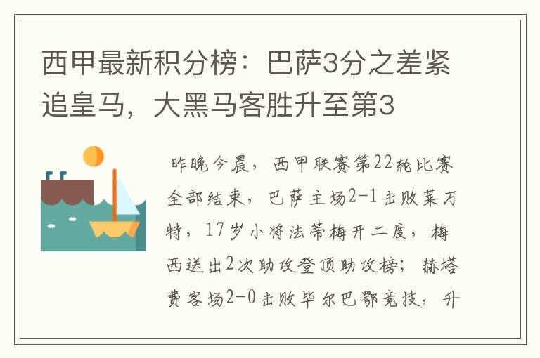 西甲最新积分榜：巴萨3分之差紧追皇马，大黑马客胜升至第3