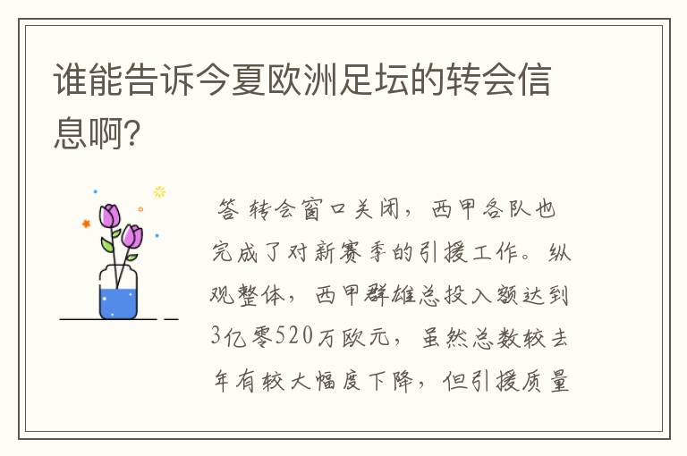 谁能告诉今夏欧洲足坛的转会信息啊？