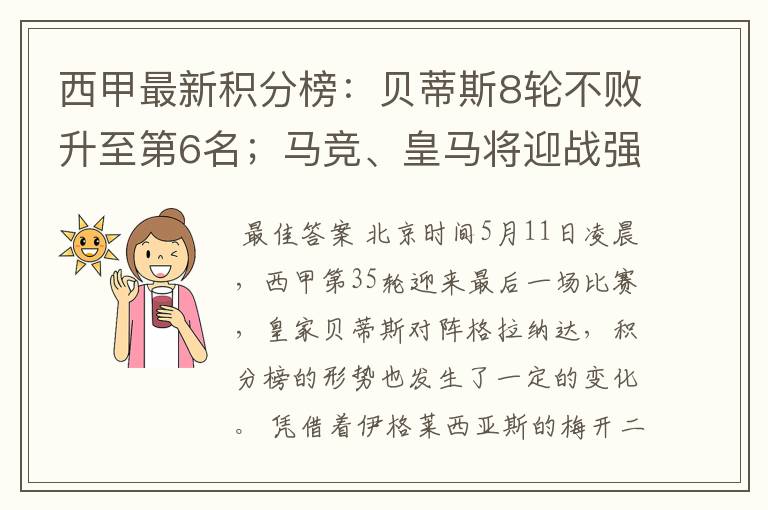 西甲最新积分榜：贝蒂斯8轮不败升至第6名；马竞、皇马将迎战强敌