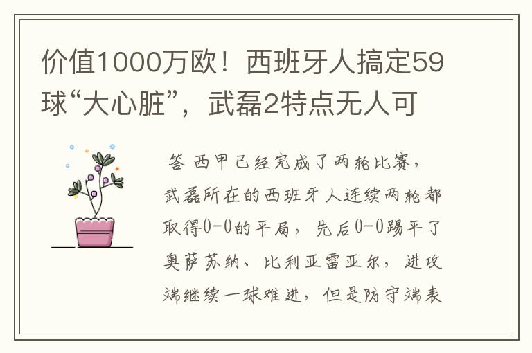 价值1000万欧！西班牙人搞定59球“大心脏”，武磊2特点无人可替