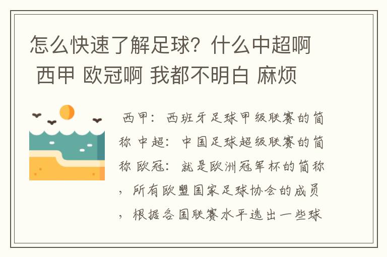 怎么快速了解足球？什么中超啊 西甲 欧冠啊 我都不明白 麻烦 有哪位特别了解足球的 跟我讲讲，多谢