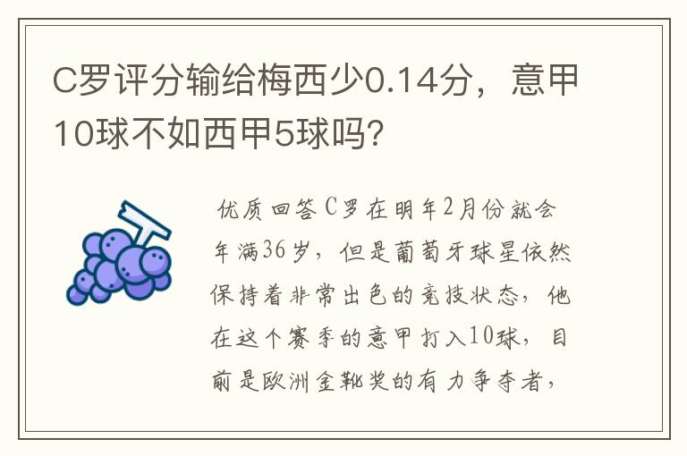 C罗评分输给梅西少0.14分，意甲10球不如西甲5球吗？