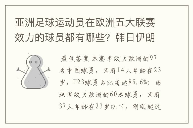 亚洲足球运动员在欧洲五大联赛效力的球员都有哪些？韩日伊朗 都是比较多吧！