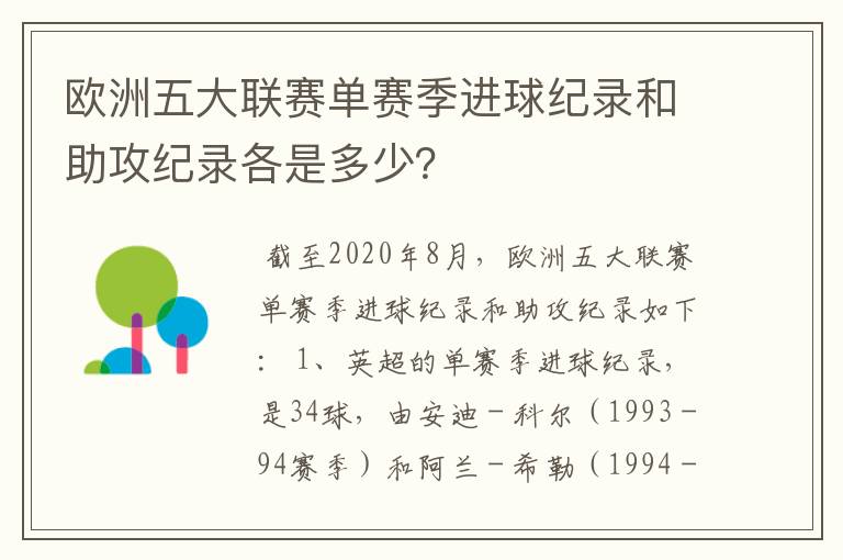 欧洲五大联赛单赛季进球纪录和助攻纪录各是多少？