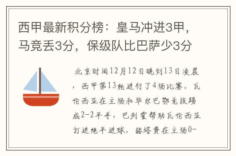 西甲最新积分榜：皇马冲进3甲，马竞丢3分，保级队比巴萨少3分