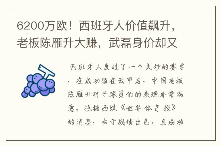 6200万欧！西班牙人价值飙升，老板陈雁升大赚，武磊身价却又缩水