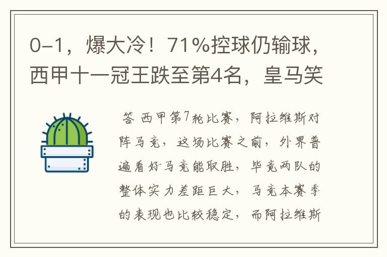 0-1，爆大冷！71%控球仍输球，西甲十一冠王跌至第4名，皇马笑了