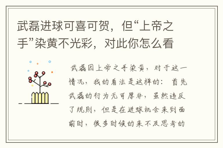 武磊进球可喜可贺，但“上帝之手”染黄不光彩，对此你怎么看？