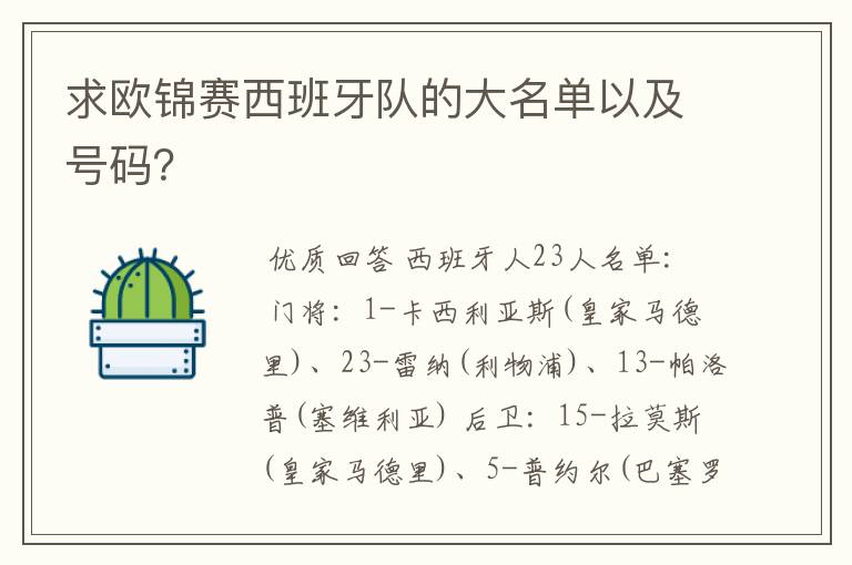 求欧锦赛西班牙队的大名单以及号码？