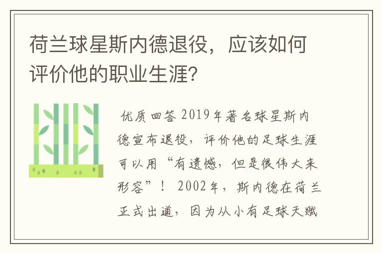 荷兰球星斯内德退役，应该如何评价他的职业生涯？