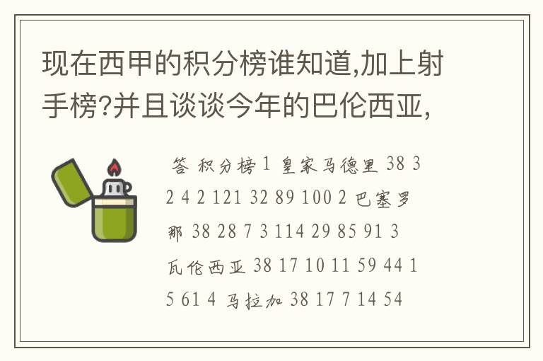 现在西甲的积分榜谁知道,加上射手榜?并且谈谈今年的巴伦西亚,谈谈你的看法?