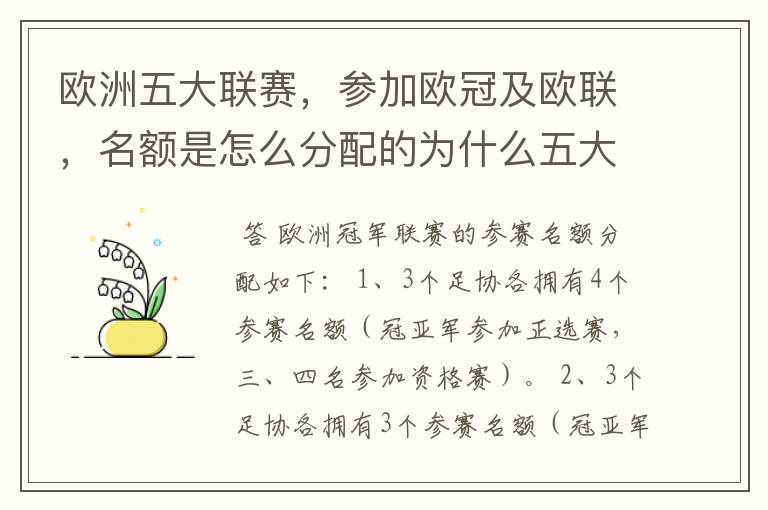 欧洲五大联赛，参加欧冠及欧联，名额是怎么分配的为什么五大联赛只有法甲