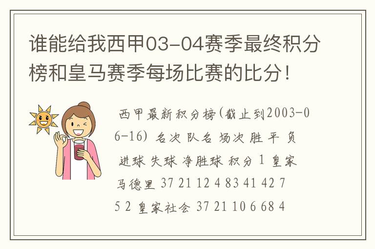 谁能给我西甲03-04赛季最终积分榜和皇马赛季每场比赛的比分！