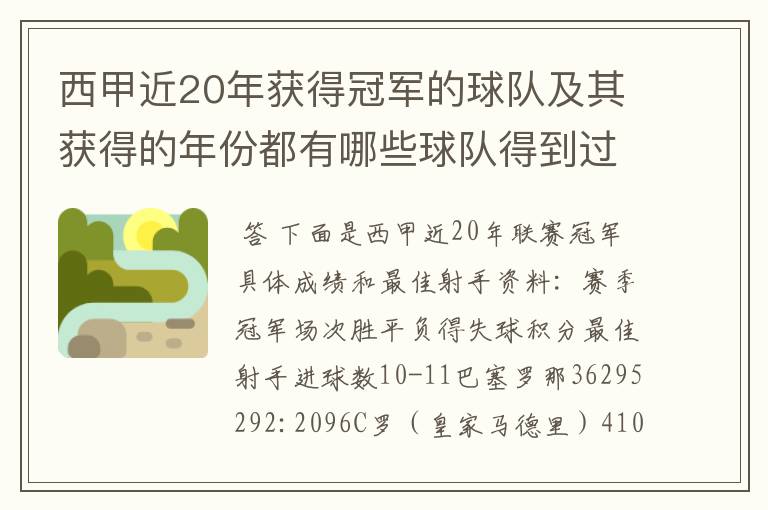 西甲近20年获得冠军的球队及其获得的年份都有哪些球队得到过意大利